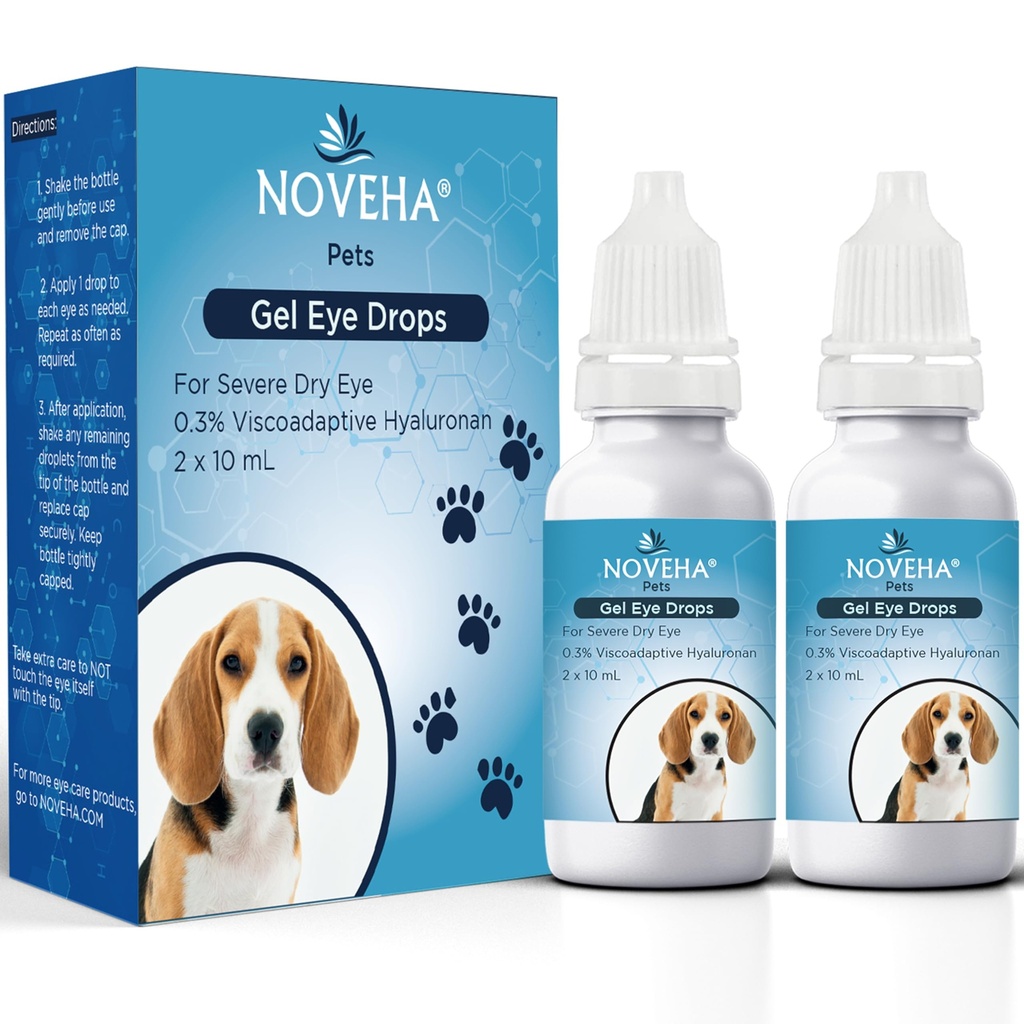 NOVEHA Pet Gel眼滴水量为0.3%的Visco适应性 Hyaluronan – 严重干眼的眼溶液 - 耐久水分,减少营养,耐久和干燥 - 狗和猫的眼润滑(2x10mL)