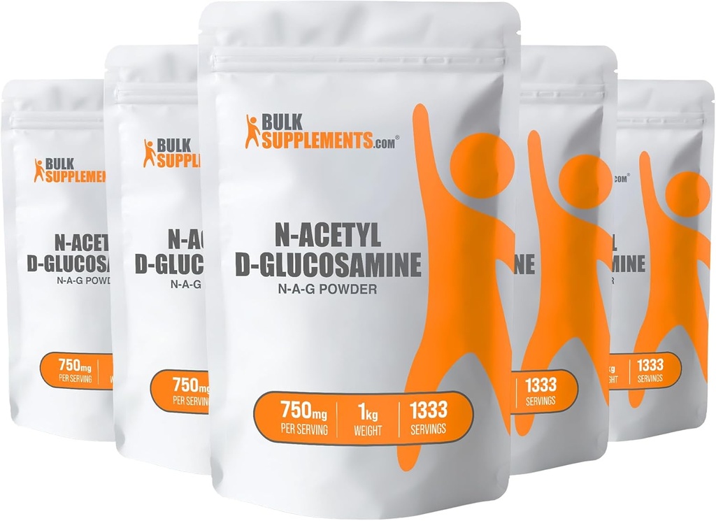 Bulk补充.com N-乙酰Glucosamine 粉末 - NAG粉末,Glucosamine 750mg,Glucosamine 补充 - Glucosamine 粉末,Gluten Free,每服750mg,5kg(11磅)(包5)