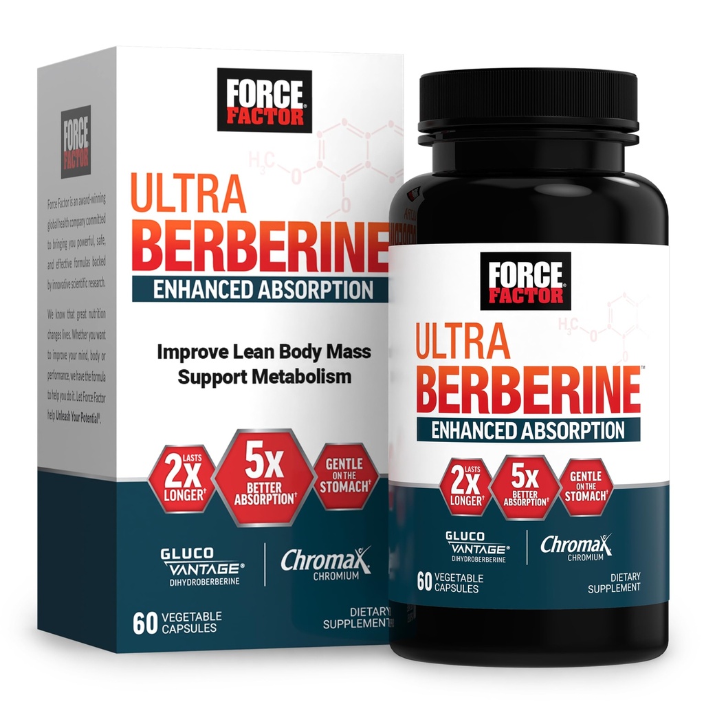 FORCE FACTOR Ultra Berberine增强吸附剂,配有锡兰桂,二氢伯林和铬,5X吸附剂,2X耐久剂,推广精液体质,60个蔬菜罐头