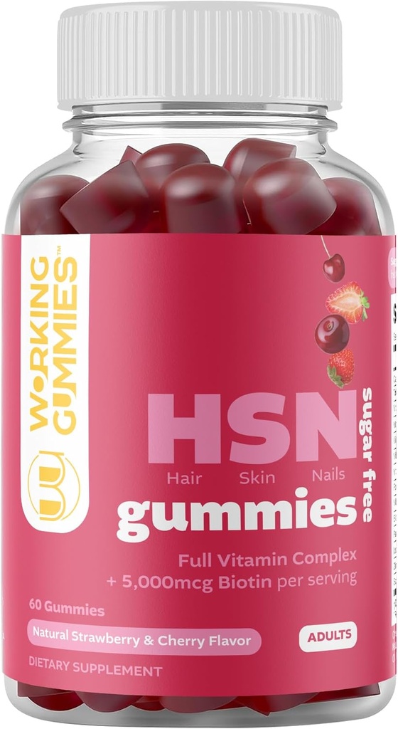 HSN Gummys - 毛皮和钉子 Gummys - 糖无生素 Gummys 5000mcg 配有全维生素复合剂,促进毛发生长,健康皮肤,钉子强度 - 60 Ct草莓和樱桃火焰