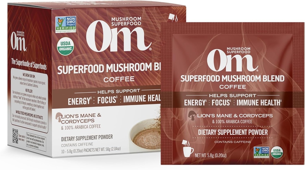 OM MUSHROOM SUPERFOOOD Coffee Blend – 有机阿拉伯与狮子马内,科迪塞普斯,雷希,土耳其泰尔和金戈比洛巴 – 支持能源,焦点和精神清晰度 – 单一服务包(10个计数)