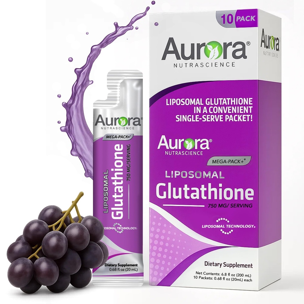 Aurora Nutrascience Mega-Liposomal Liquid Gluutathione, Imune & Antioxidant Gut 健康支助补编,每服务750毫克,非GMO,无糖,10个单一服务包