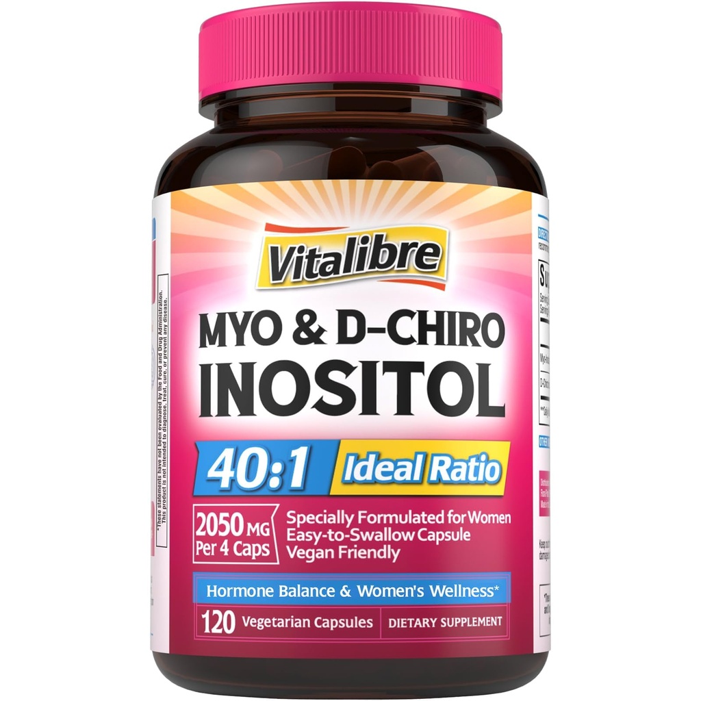 Inositol补编,Myo-Inositol & D-Chiro Inositol妇女生育率补编,40:1理想比率、荷尔蒙平衡和卵巢支助,120 Vegan Capsules