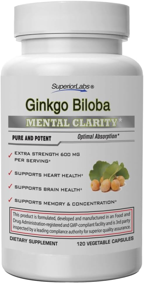 SuperiorLabs Ginkgo Biloba 1200 mg, N-GMO, 增加吸收的黑椒, Ginkgo 提取, 改善记忆和焦点, 循环促进器, 天然抗氧化剂 Nootropic, 120 Veg Caps