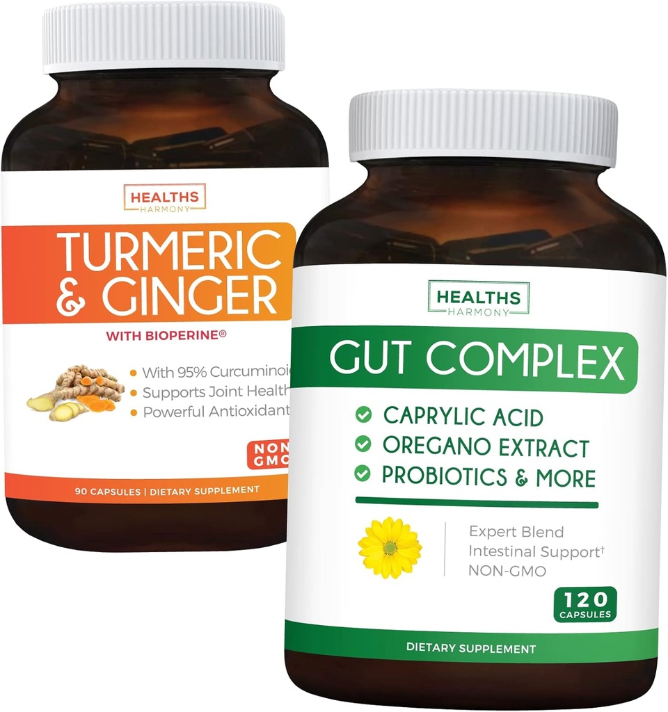 保存 11 (23% 关闭) - Gut Balance Bundle - Gut Complex 与 Caprylic Acid 用于平衡 Gat 健康与 Probiot 支持 (120 Capsules) & Turmeric & Ginger 与 95% Crucuminoids & Bioperine (90 Capsules)