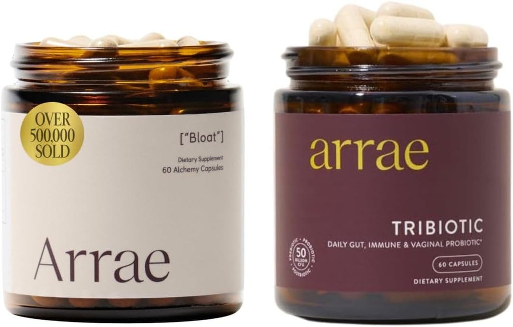Arae Bloat + Tribiotic Bundle, Bloating Relief 消化酶、气体和消化不良的缓解、妇女的Probiot、支持阴道pH平衡、免疫和女性健康,各60个