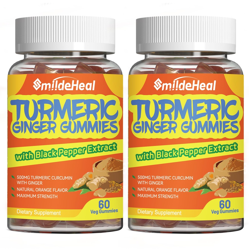 Turmeric Curcumin Gummys 500mg, 配有 Turmeric Root 提取器, Ginger Root, Black Pepper 提取器, 抗氧化剂支持器, Orange Flavor Gummys, 60 Counters (Pack of 2).