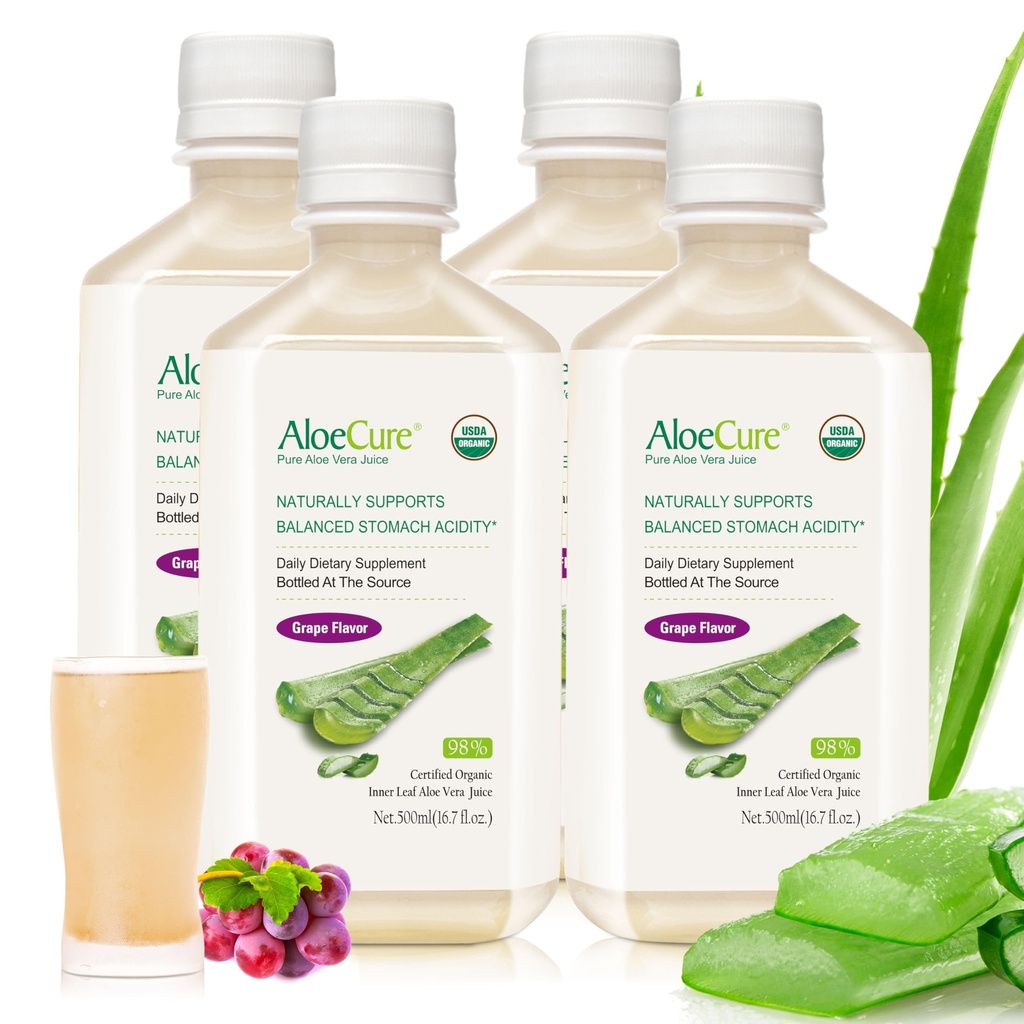 AloeCure USDA 有机Aloe Vera Juice Grap Flavor,在收获12小时内制作 - 纯Aloe Vera 消化与免疫健康补充,帮助保持平衡胃酸,16.7oz x 4 Btls
