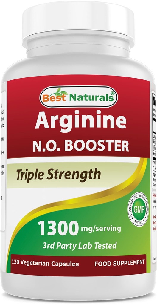 Best Naturals L-Arginine NO Booster 三重强度 1300 mg 服务 120 Veg Capsules - 用 L-Arginine, AAKG, L-Citrulline, 甜菜粉制作