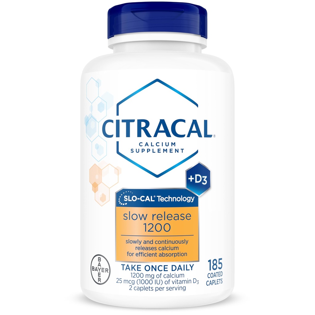 Citracal 缓慢释放 - 钙 1200 mg 配有维生素D3,镁,钙补充,骨质健康支持,Take Once Daily Caplet, 185 Count