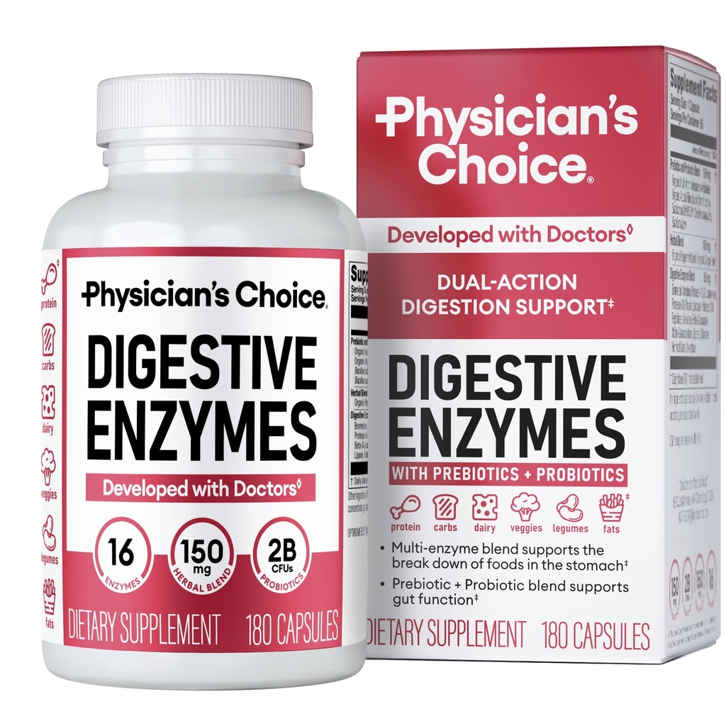 物理学家的CHOICE 消化酶——多酶,有机先生素和消化健康与古特健康(Probiotics for Digestive Health & Gut Health)——食用时间不适救济与布洛廷——双重行动方法——180 CT