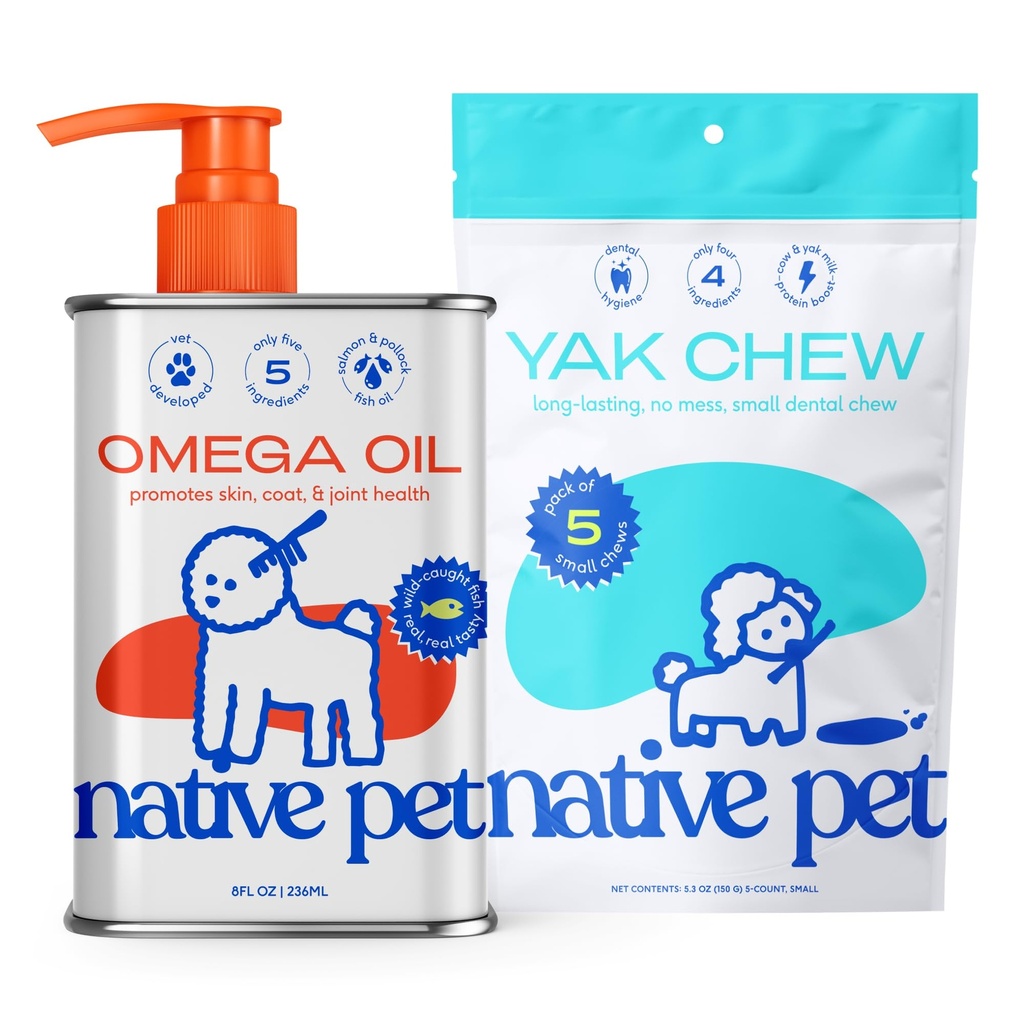 原生宠物奥米加油换狗 - 鱼油补充品8 Oz & 5 小Yak Chews for Dogs | Pasture-Raized and Organic Yak Cheese Himalayan Churpi 棒