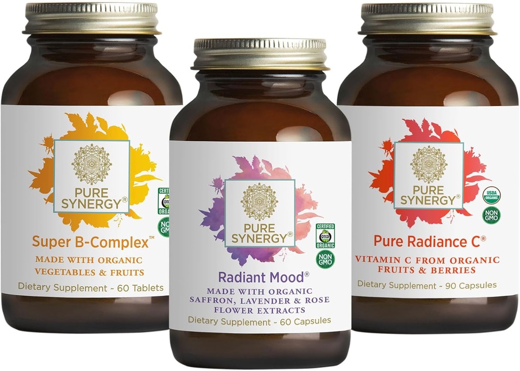 PURE SYNERGY Mood 和 肾上腺支持 Bundle 和 | Mood 支持补充 有机沙坪 提取 | USDA 有机维生素 C | Vitamin B 复合 配有全食 | 非GMO 和 Vegan