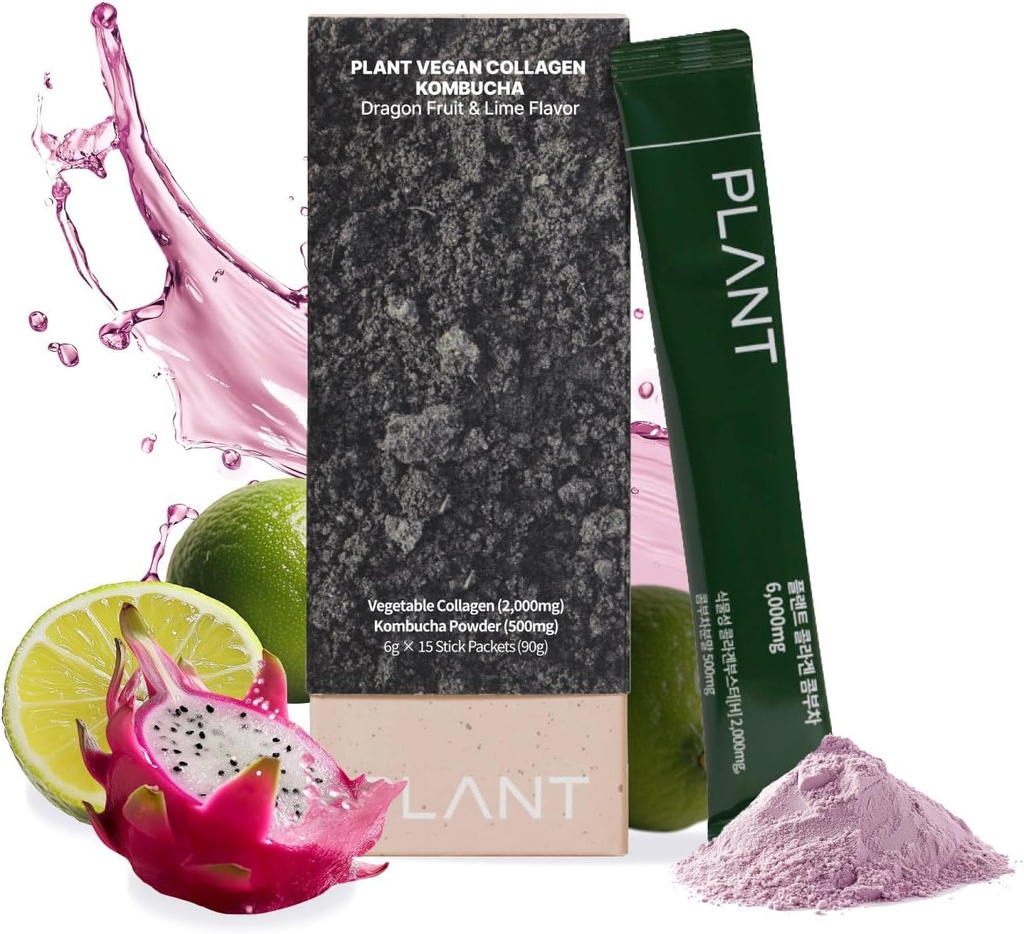 PlanT Vegan Colagen Peptide, Kombucha Powder, Probiotics, 维生素C → 2000mg Tripeptide 植物科拉根助推器,龙果莱姆 → 15 Packets, Gut & Skin Health 抗衰老水分饮 混合