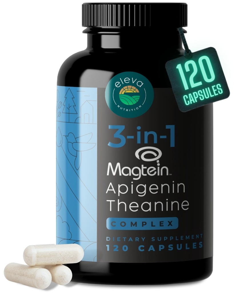 用于睡眠援助-3- in-1 复合型辅助剂的镁激素L-Threonate Apigenin 补充剂 支持放松-Melatonin-Free镁-零填充剂-Gluten Free & N-GMO-120 Veggie Capsules