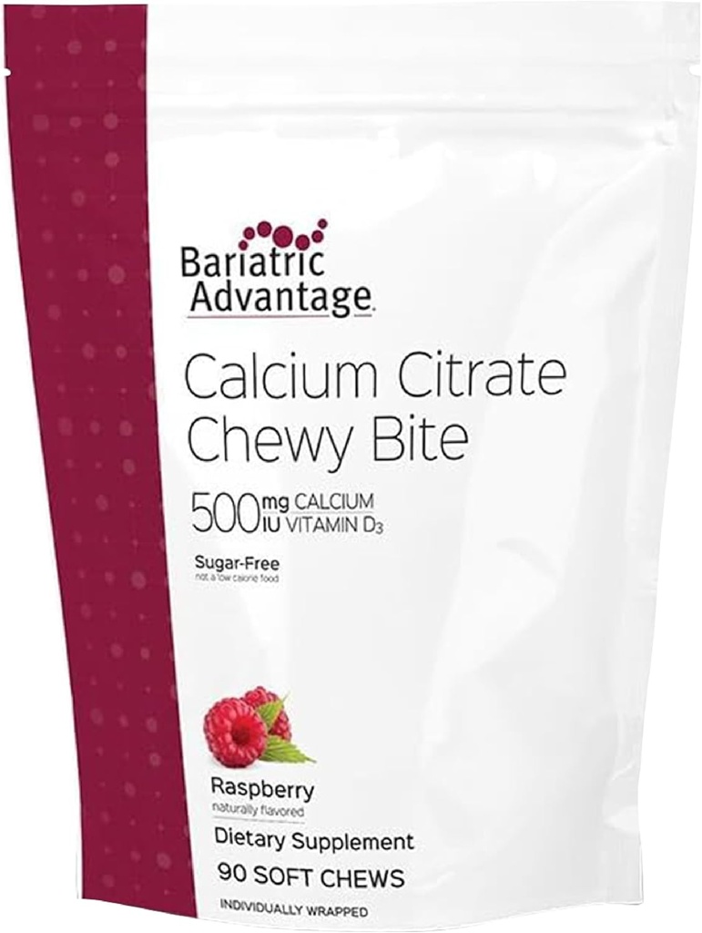 Bariatric Advantage Calcium Citrate Chewy Bites 500 mg - 高吸附性和可消化性 - 维生素D3 - 易食性Calcium 补充 - Raspberry Flavor - 90