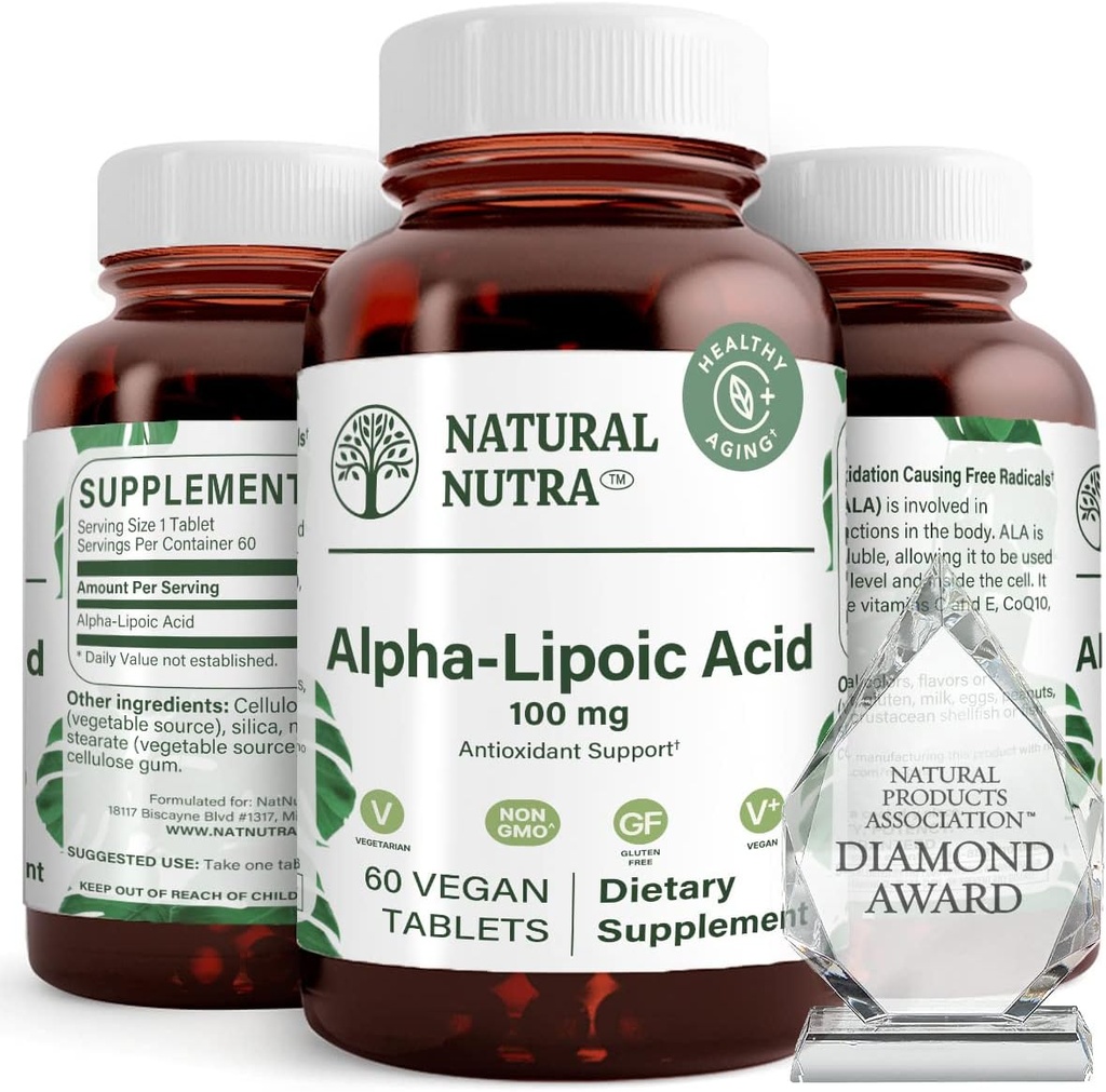天然Nutra R-Alpha Lipoic酸、改善骨骼和心脏健康、增强记忆功能、改善神经功能有助于整体健康、Gluten Free 100 mg、60 Vegan和蔬菜片。