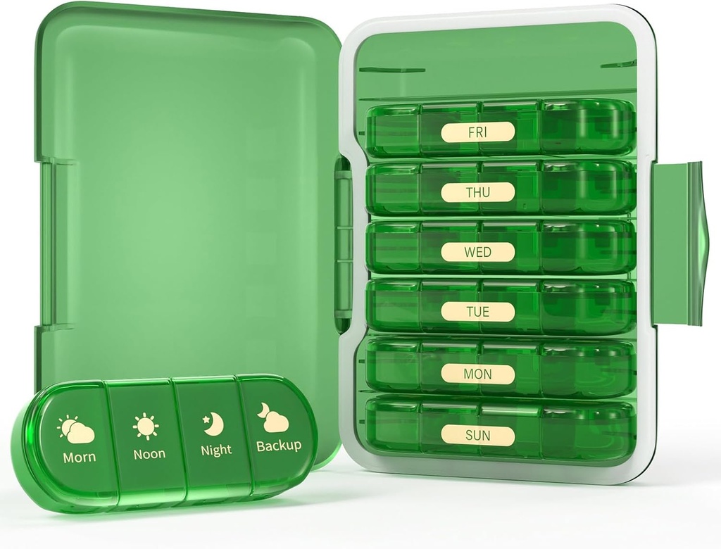 每周药丸组织者 每周 4 Times aday, 7 Day Pill Box 4X, 旅行药丸的可移动件 Pills/Vitamin/Fish Oil/Medication/补充品(4x7 Green)