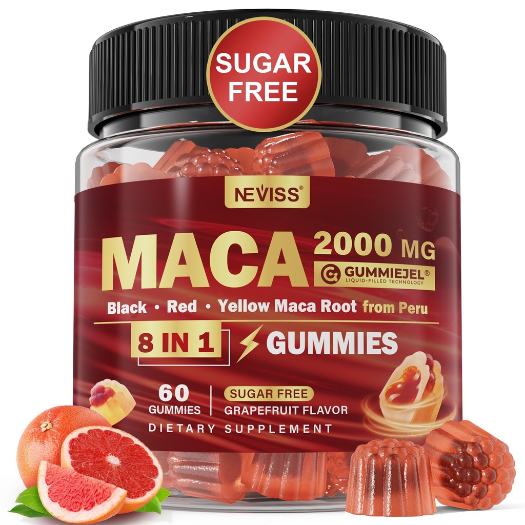 Maca Root infulled Gummys 2000 mg for Momies for Men – Sugar Free – 有机黑色,红色,黄色Maca Root Supplement Gummy Chews with Ashwagandha Ginseng & Zinc & Vegan, 非GMO, 葡萄果 Flavor, 60 Count