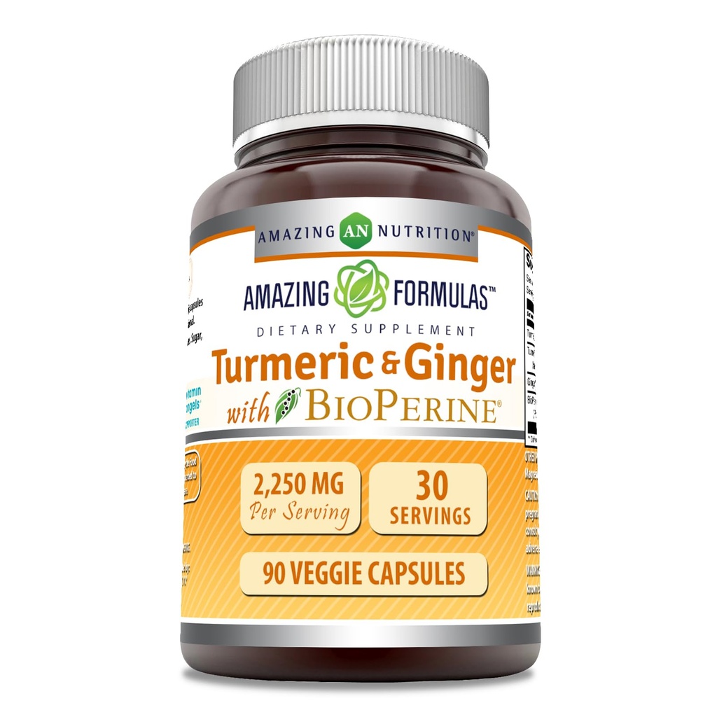 配有生素补充剂的Turmeric Curcumin & Ginger 配有: 2250 Mg 90 Veggie Capsules 配有: Non-GMO 配有: Gluten Free | 配有:美国制作