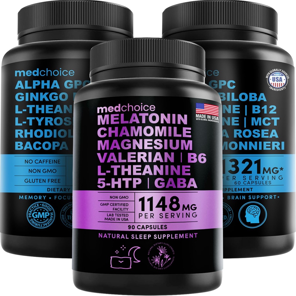 MEDCHOICE Sleep Melatonin(90cm)和Nootropic Brain(120cmt) 补充 Bundle - 致睡眠、大脑、焦点和Mood支持 - Vegan、Non-GMO、Gluten-Free