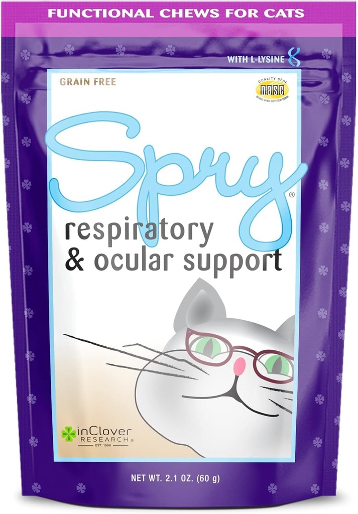 在Clover Spry Daily呼吸器和Ocular Support Soft Chews for Cats中,配有L-Lysine,Superfoods,以及强力免疫系统的预生,共2.1 oz.(60个计数)