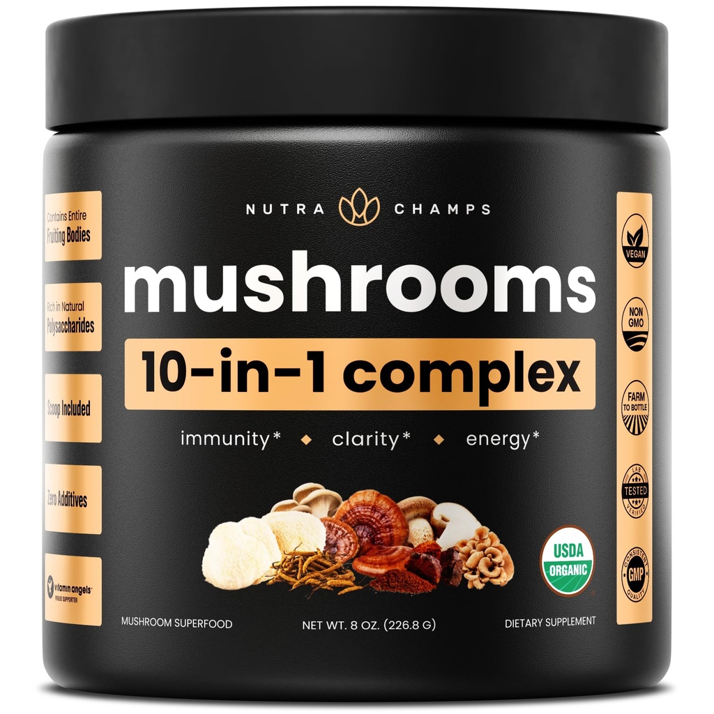 NutraChamps 有机蘑菇粉 - 10in-1 复合体 - 蘑菇补充粉 - 记忆,焦点和免疫支持- 8oz(8.0 OZ,蘑菇混合体)