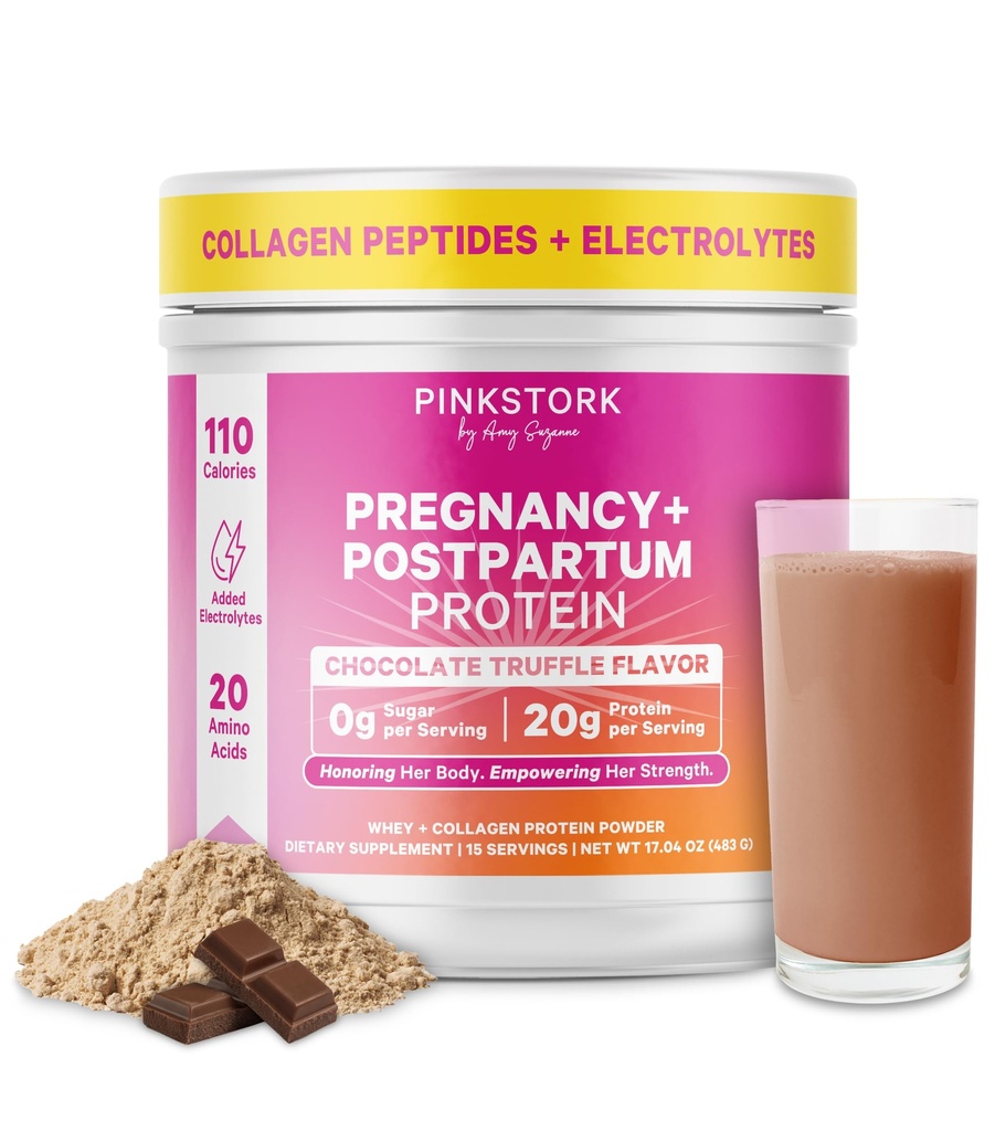 Pink Stork 孕妇和产后蛋白粉,20g Whey & Collagen,产前和哺乳蛋白摇摆混合,用于能源、恢复和水分、巧克力,15种服务