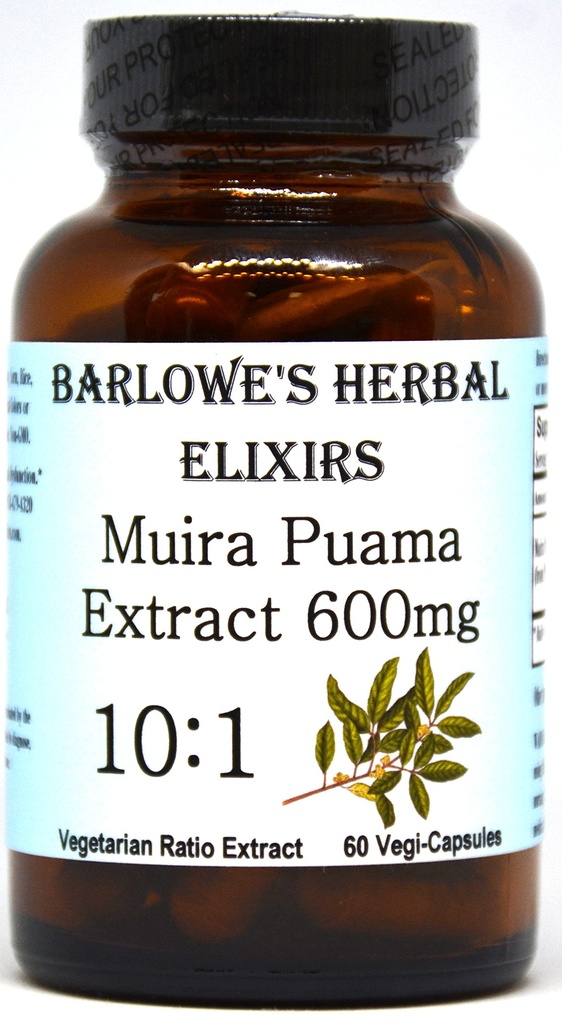 Barlowe的草药 Elixirs Muira Puama 10:1 摘录 | 600 mg Per Capsule | 传统男性生命力补充 | 60 Vegan Capsules | 无 Stearat-Free,非GMO,包装在玻璃瓶中