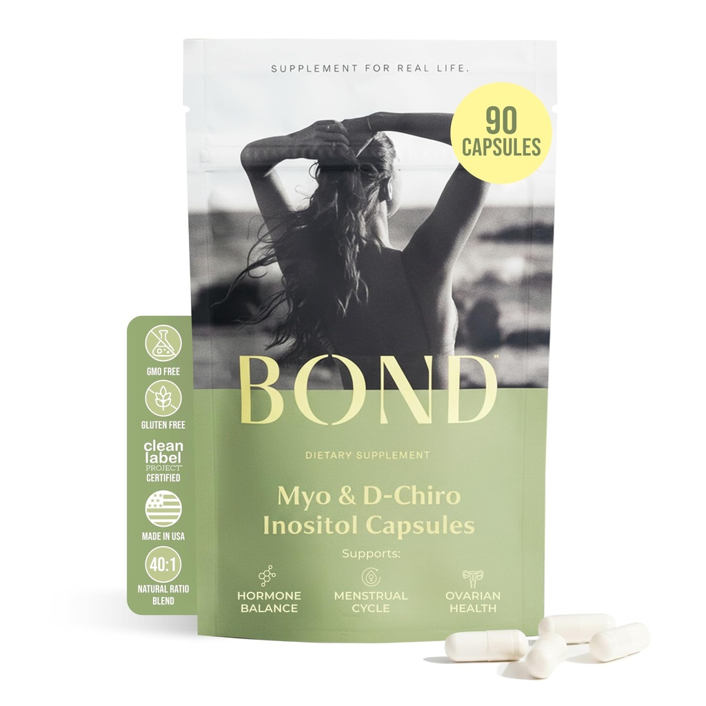 BOND Myo-Inositol & D-Chiro Inositol 妇女补充金 支持荷尔蒙平衡、健康排卵和常规循环——40:1 妇女生育补充金 90 Vegan Capsules(3/日)