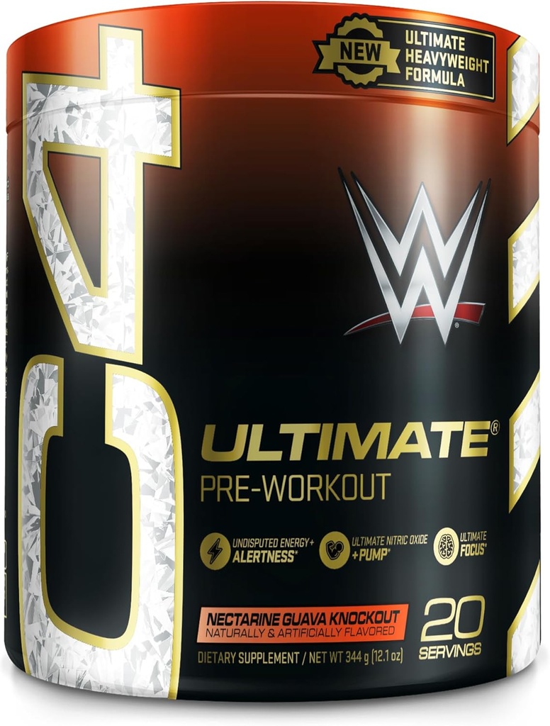 C4型机车 Ultimate x WWE Pre Workout Power Nectarine Guava Knockout - 男子和女子无糖前置能源补充 - 300mg Cafeine + 3.2g Beta Alanine + 专利奶油 - 20 services