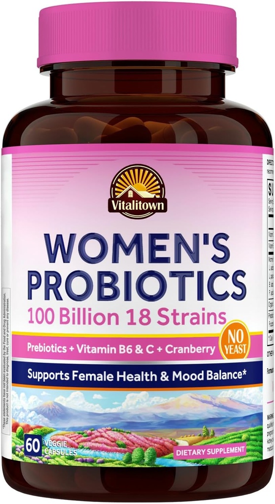 维塔利镇妇女抗生素 · 100亿CFUs 18 Strains · Prebiotics, VC & B6, Cranberry · Sheld Stable · 阴道、尿道、消化和Mood支持 · · 60 Vegan Caps
