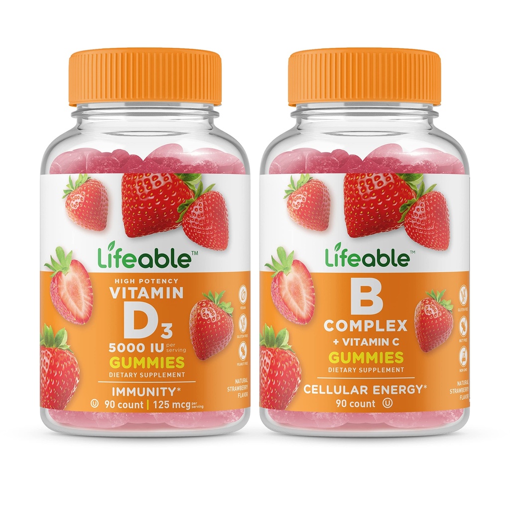 活生生的维生素D5000 IU + B Complex, Gummys Bundle - 大品尝,维生素补充,Gluten Free, GMO Free, Chewuble Gummy 配料