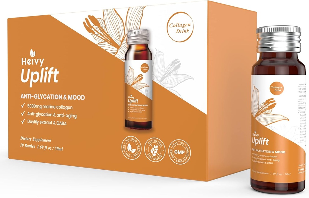 Heivy Liquid Collagen Supplement, Collagen drink, Collagen Peptides, 年龄辨别和亮化你的一天,无年龄美人,水解的Collagen, 配有 CoQ10, 1.69 f.oz./Bottle (1 Box, 10 Bottles).