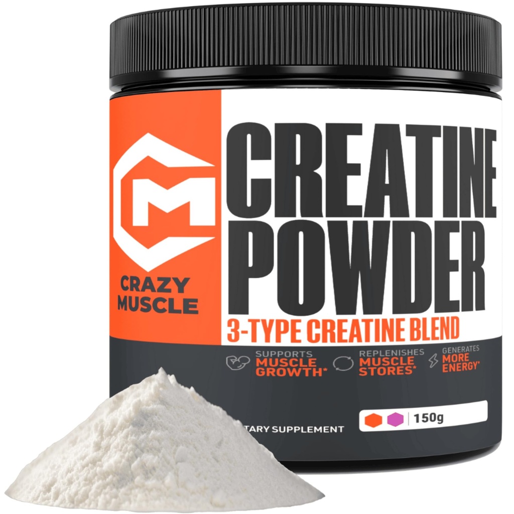 疯狂的肌肉 Creatine 单水合物粉末, 5000mg Premium 3X 3Atine Preworkout Mass Gainer, 高吸收易取粉末 最佳性能男女, 30种服务