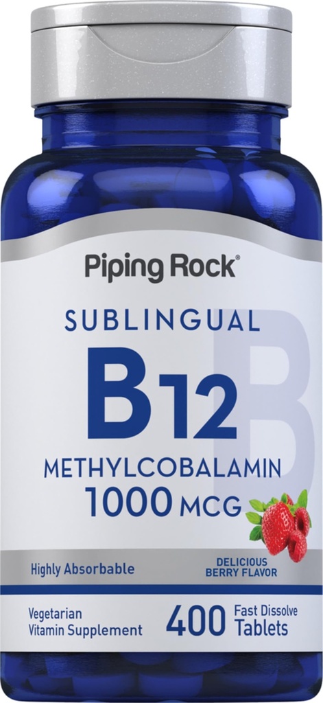 (原始内容存档于2019-09-21) (英语). Piping Rock Vitamin B12 亚语片 | 1000 mcg | 400 pills | Methycobalamin Supplement for Women and Men | Berry Flavor | Vegetarian, Non-GMO, Gluten Free