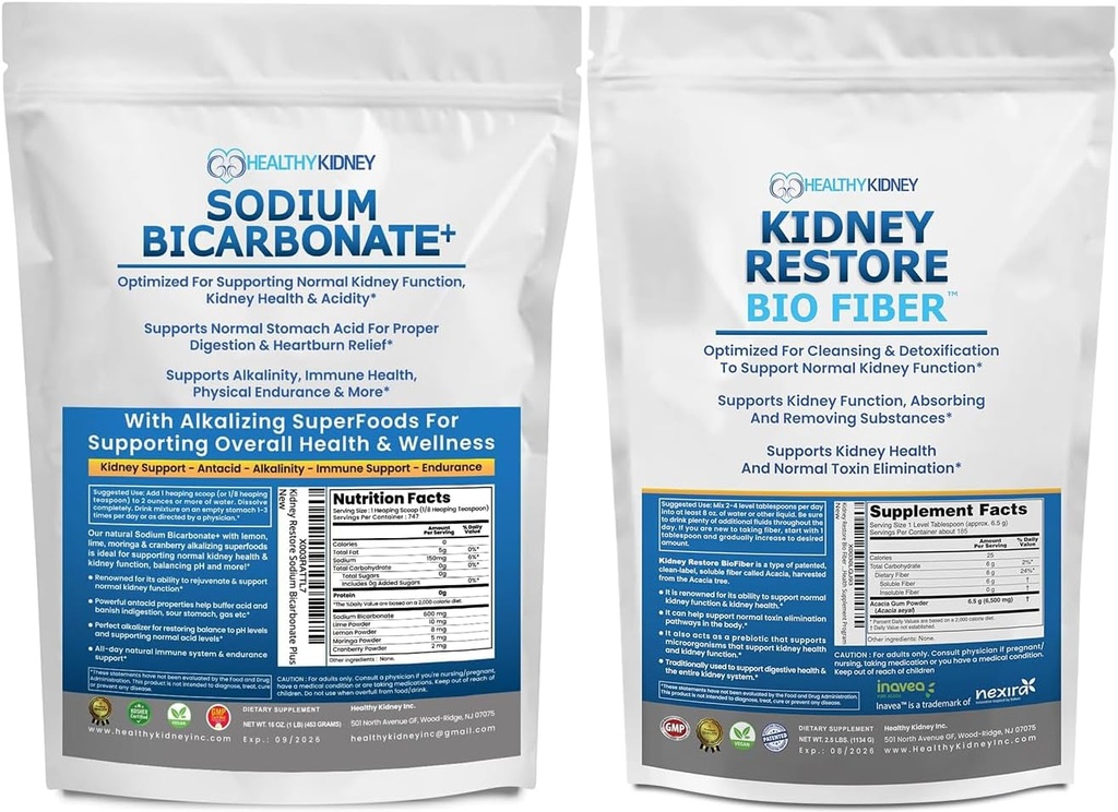 有机碳酸二钠 Alkaline 补充 1.5LB & Bio Fiber Kidney cleanse Detox 2.5 LBS Bundle – 支持肾健康,胃酸中和剂,Alkaline超级食品,免疫支持,Detox