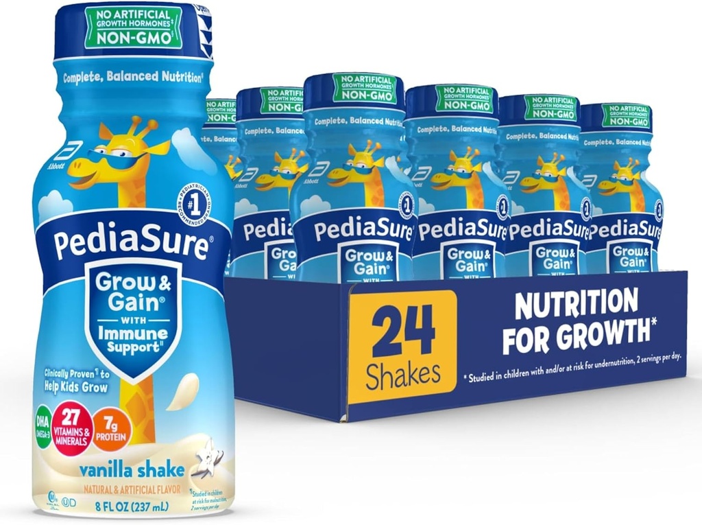 PediaSure 生长和增益与免疫支持,27种维生素和矿产品为儿童,7克蛋白质,非GMO,无胶体,香草,8-fl-oz瓶,24包