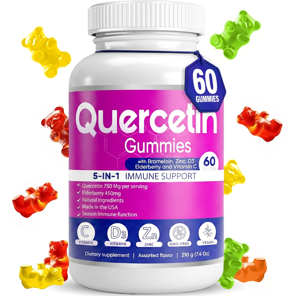 BioVitalica的Quercetin Gummys - 含有溴化维他命C的Quercetin 和 锌和老莓 + 维生素 D3-5 在1 免疫支持中 - 用于儿童和成年人的锌 Quercetin 750 毫克 (1)