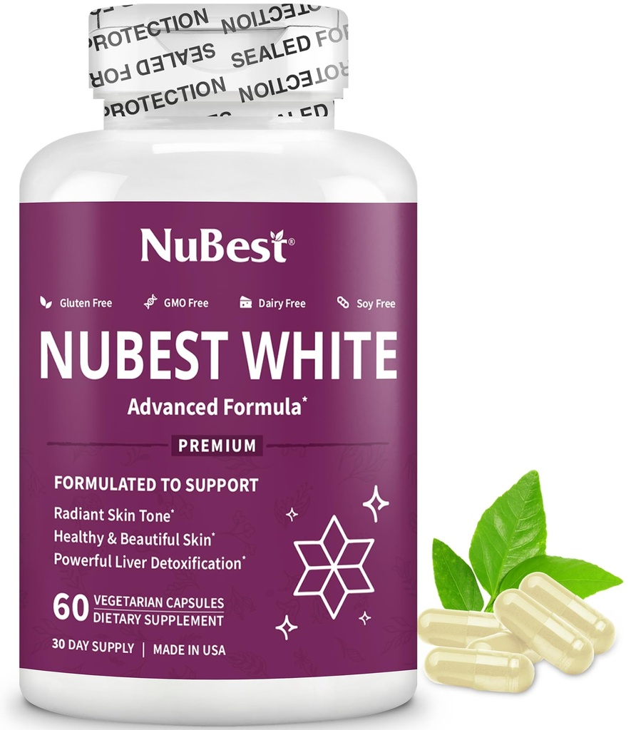 NuBest White - Glutathione 400mg & Milk Thatle 提取器 - 皮肤亮度补充剂 - 帮助美丽和拉迪安特皮肤 - 抗氧化剂补充剂和解毒 - 1个月供应