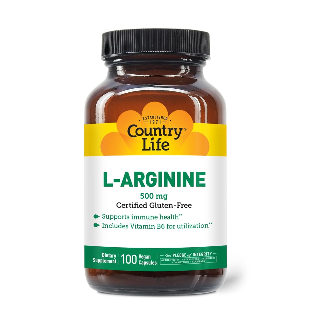 乡村生活 L-Arginine Caps 配有维生素B-6,500mg,100 Vegan Capsules, 认证格卢滕自由,认证维冈