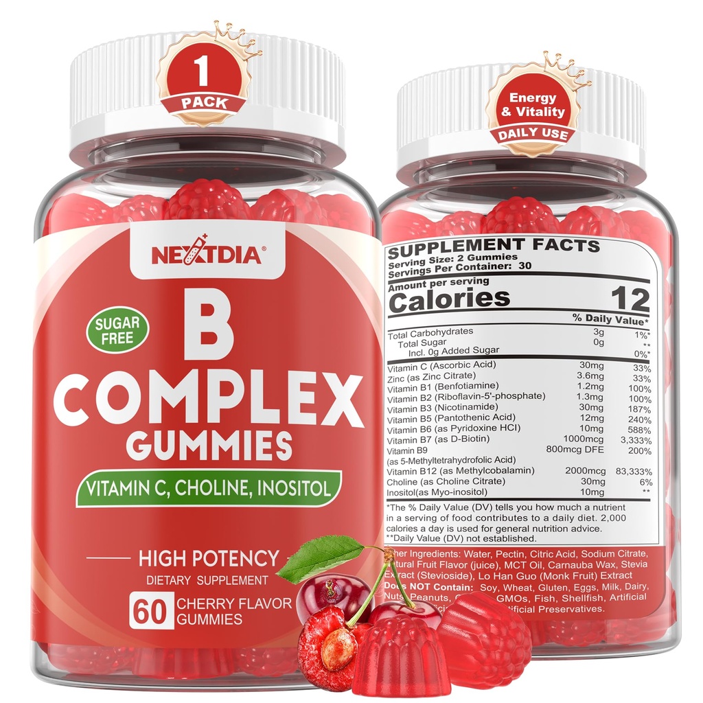 维生素B 复合蛋白,Vegan Vitamin B Gummys 含2000 mcg Methyl B12, Methyl Folate ++ Choline + Inositol,维生素C + 锌 支持能源,Mood, Immune,健康头发,皮肤 - 60 Cts