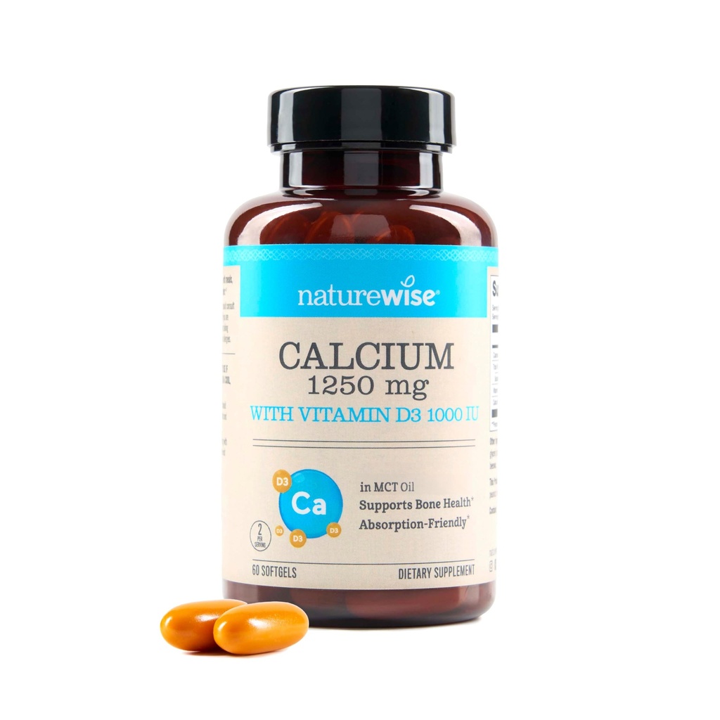 NatureWise高纯度,全自然钙 1250mg + 维生素 D3 1000IU + 有机MCT 椰油 - 孕期安全 + 非GMO - 吸附友好型,Gluten Free - 60 Softgels [30日供应].