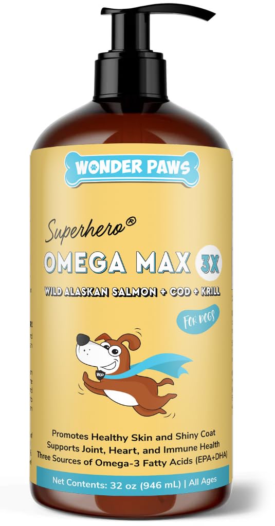 Wonder Paws Fish Oil for Dogs - Omega 3 for Dogs from Alaskan Salmon, Cod & Krill Oil - EPA DHA Fatty Acids - 少谢丁酸和痒酸 - 皮肤,联合,免疫和心脏健康 - 液体补充剂(32 oz)