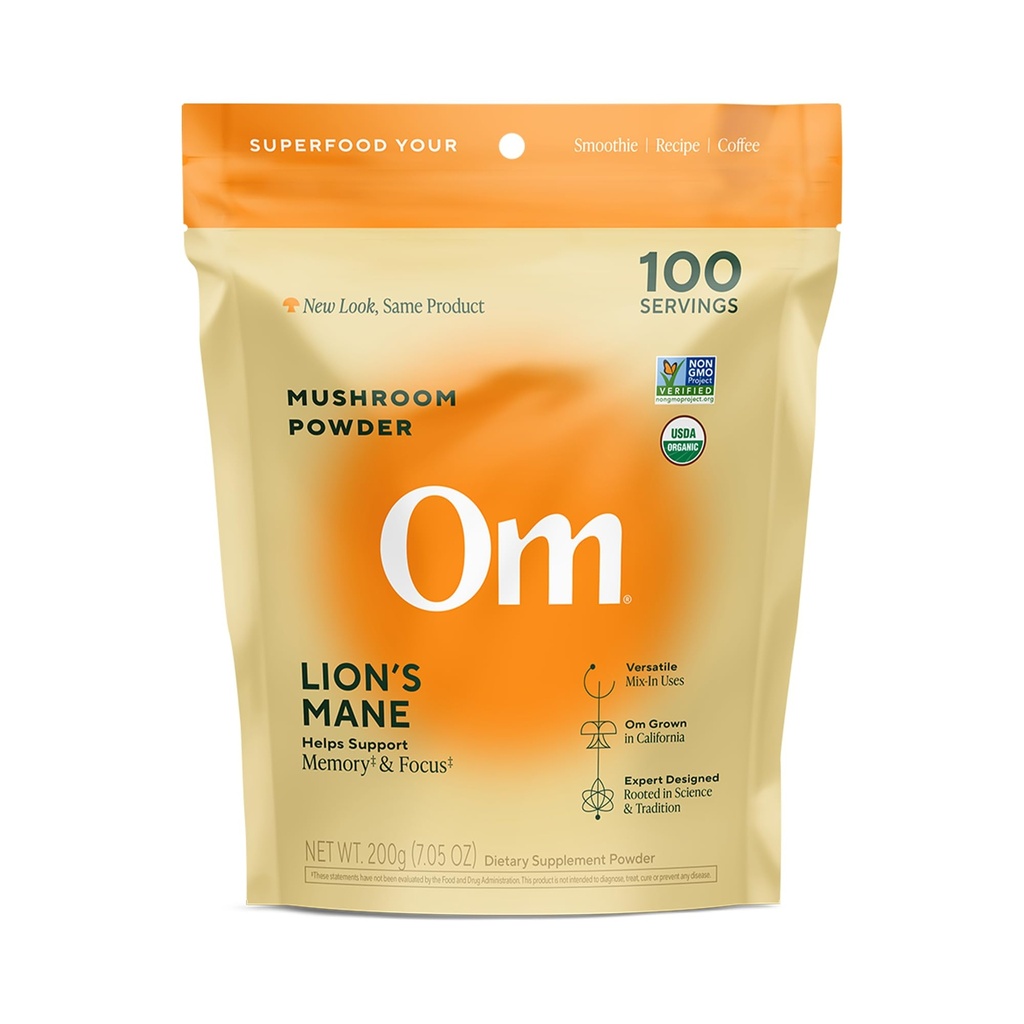 Om Lion的Mane蘑菇粉 - 有机蘑菇补充品和诺特罗比 - 支持记忆、焦点和神经健康,7.05 oz(100名服务员)