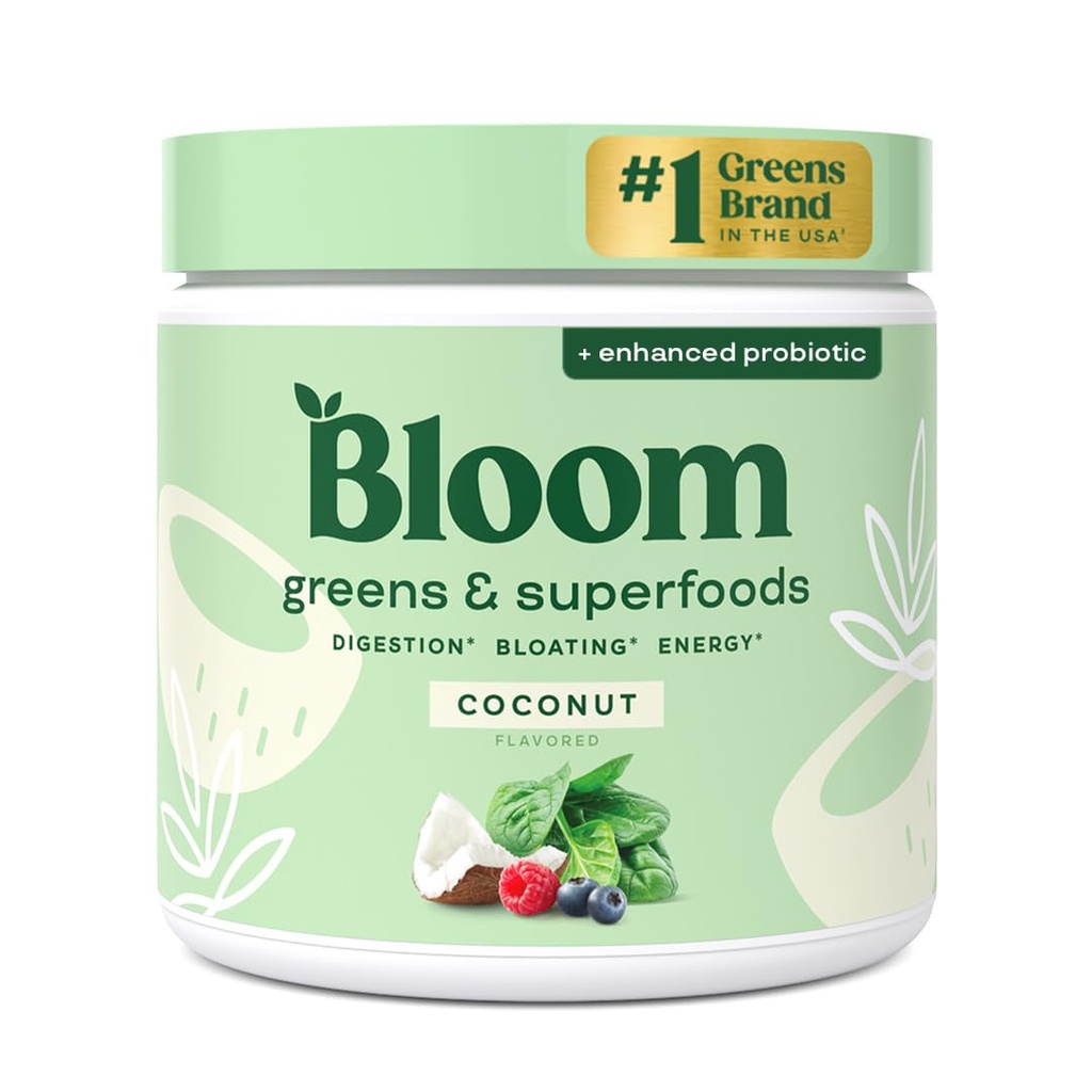 布鲁姆营养超食品 绿皮粉 消化酶与Probiotics和Prebiotics, Gut Health, Bloating Relief for Women, Chlorella, Green Juice Mix with Beet Root Powder, 30 SVG, Coconut (英语).