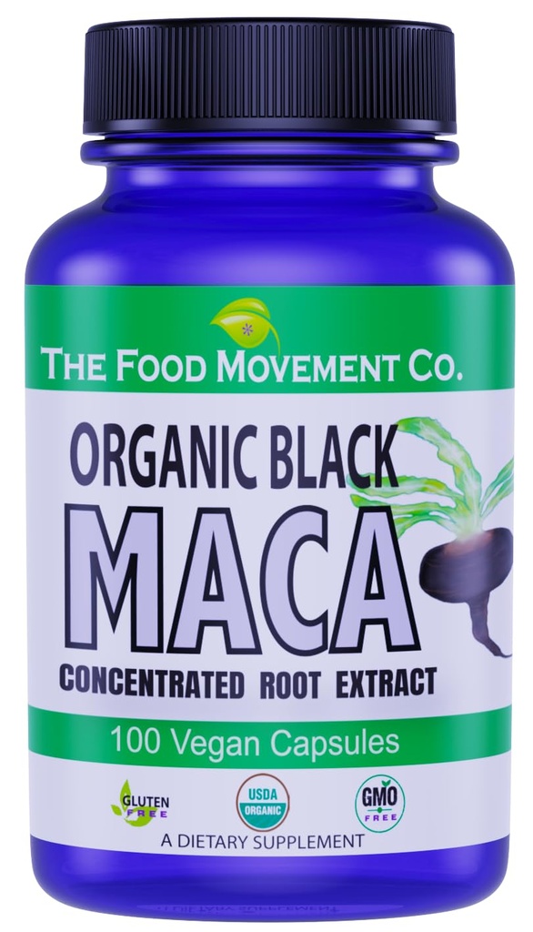 食物运动 CO. Black Maca 500mg 60 Capsules - 有机,非GMO, Vegan, Gluten Free- Black Maca Root 补充全体健康