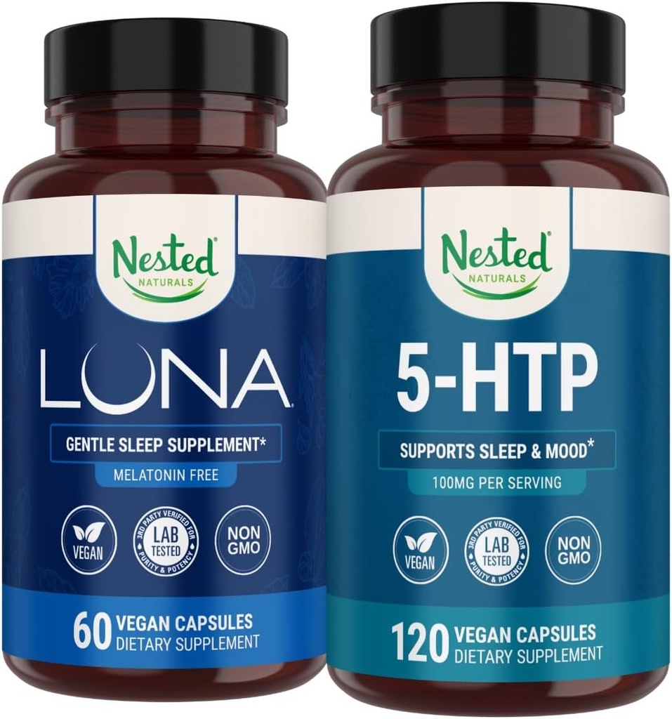 Nested Naturals Luna Melatonin- Free Sleep 补充(60 Vegan Capsules) & 5-HTP 100mg(120 Vegan Capsules)用于改进睡眠、放松和Mood