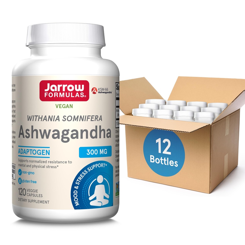 Jarrow Formulas Ashwagandha 300毫克 - 120 维吉卡普尔 -- -- 总体健康和抵抗肥胖 -- -- 补充支持耐力、肌肉恢复和认知健康 -- -- 60种服务(12包)