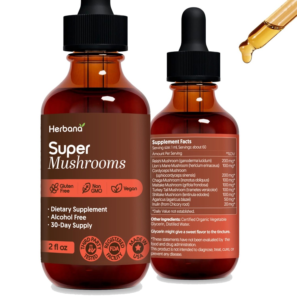超级蘑菇 8-in1 - 2 fl oz 液体提取器 - 大脑助推器和免疫支持滴 - Reishi, Lion's Mane, Cordyceps, Chaga, Mitake, Turk Tails, Shishitake, Agaricus - 高潜力 - 45日供应